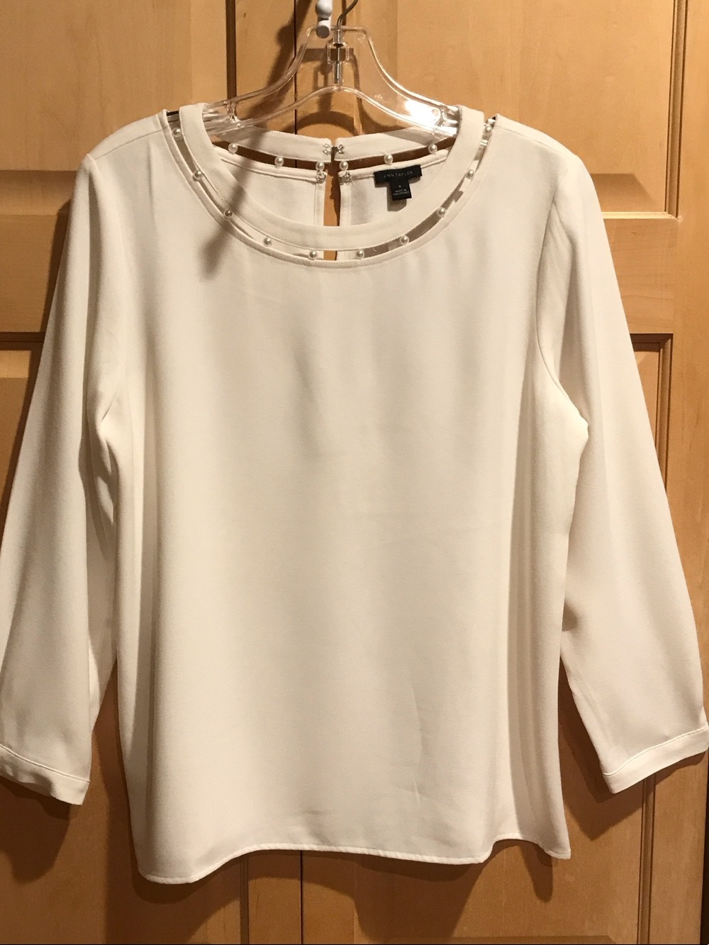 New Ann Taylor Cream Beaded-Neckline Long Sleeve Blouse